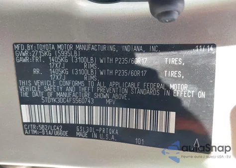 2015 Toyota Sienna Xle 8 Passenger z USA, uszkodzony, nr VIN 5TDYK3DC4FS560743